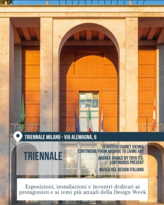 Facciata della Triennale Milano con arcate monumentali e programma dedicato alla Design Week.
