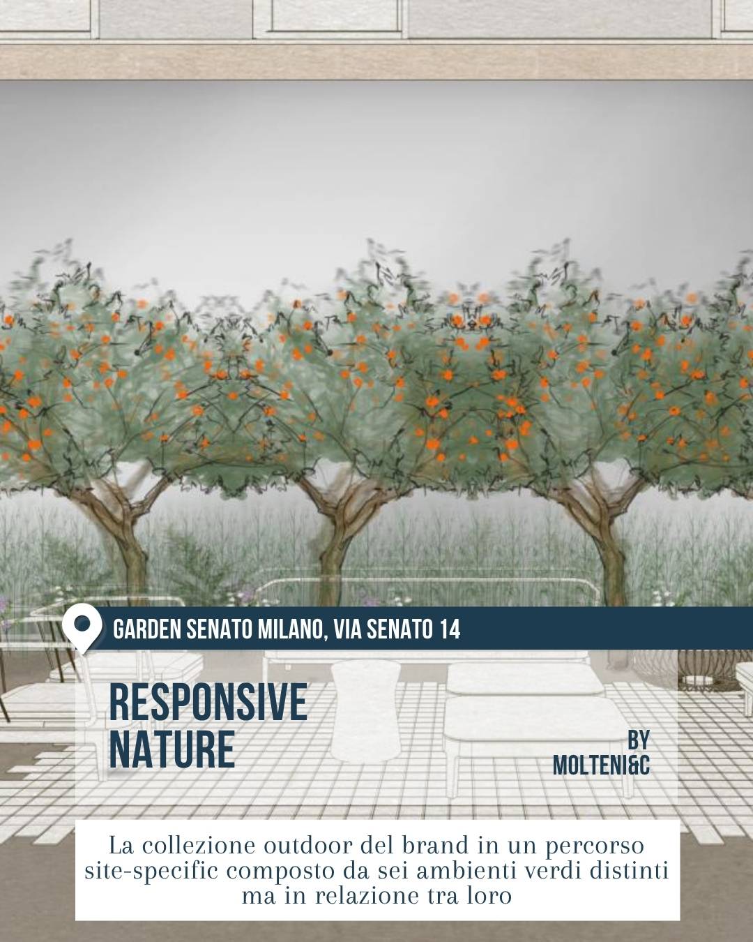 Giardino progettato con alberi e arredi outdoor per “Responsive Nature” di Molteni&C.