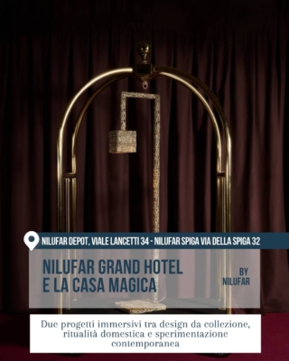 Allestimento teatrale di Nilufar con struttura dorata e tende bordeaux.