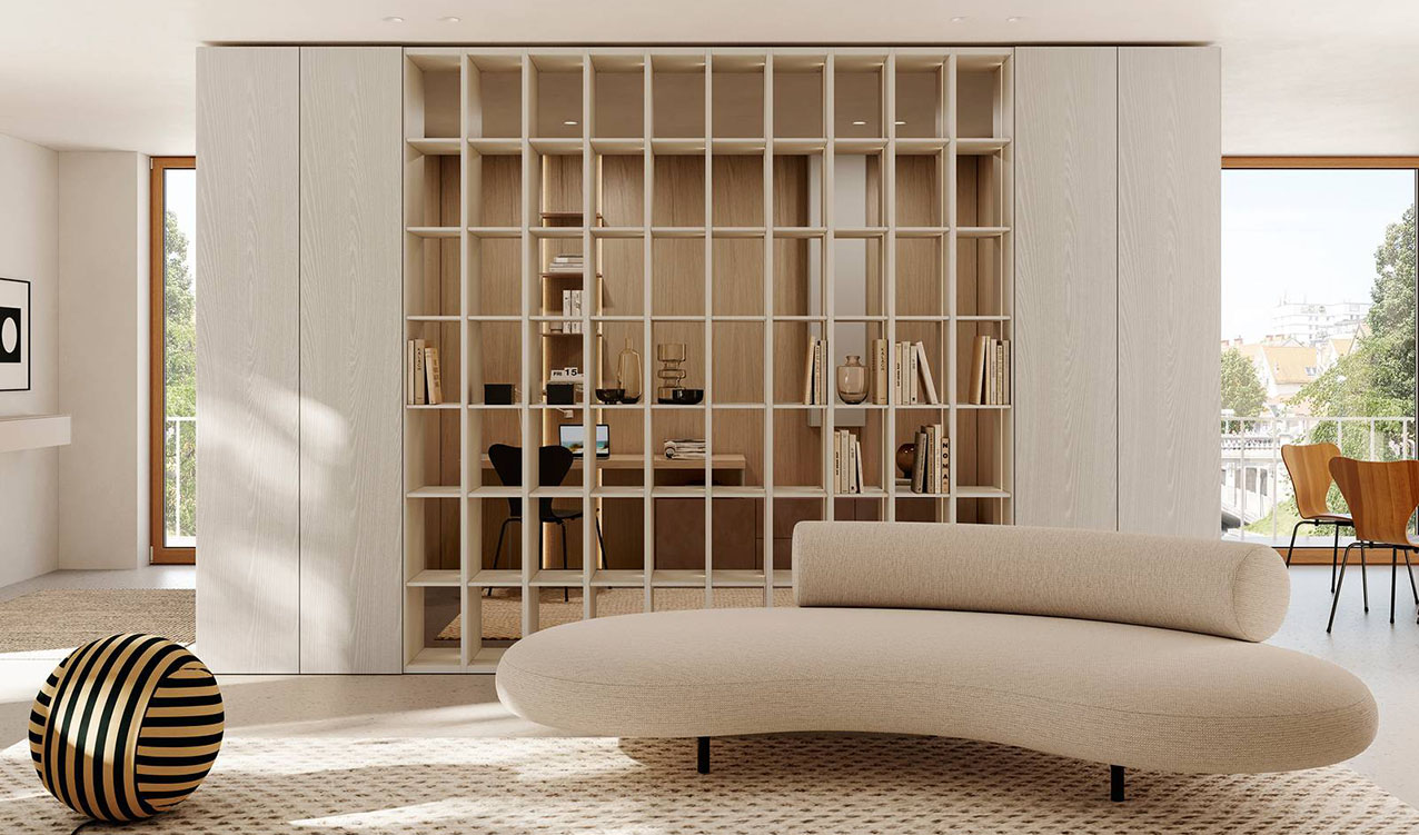 Gli elementi autoportanti della nuova evoluzione No−Wall House di Caccaro permettono di organizzare e scandire gli spazi della casa in base alle diverse esigenze, dalla zona giorno alla zona notte passando per il corridoio e la cabina armadio. https://www.caccaro.com – Salone del mobile 2026, padiglione 22, Stand A21.