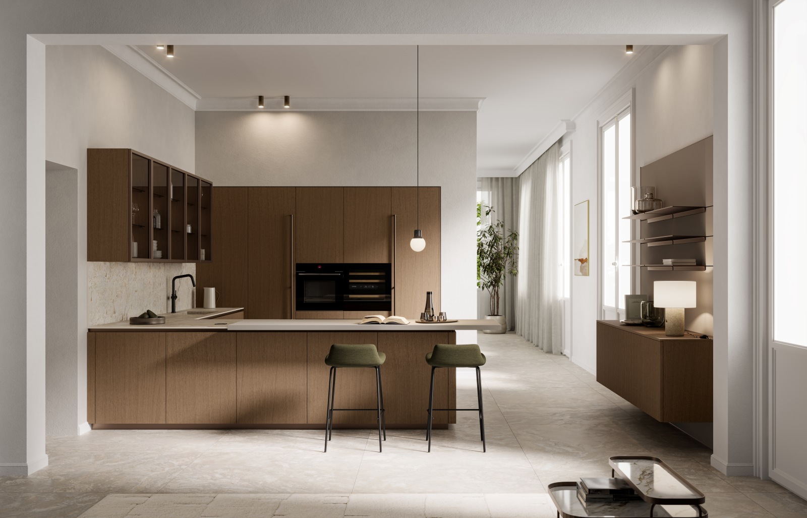 Con Asia, Arredo3 sviluppa un progetto che mette in dialogo cucina e living. La madia sospesa, composta da basi con cestoni, è caratterizzata dall’impiallacciato cappuccino con lavorazione millerighe, che crea ritmo e profondità. Lo schienale in PET riciclato Pechino e il top in Abitum Marmo Venato Imperiale con finitura 3D completano un progetto materico e contemporaneo.
Misure: L 240 × P 47,5 × H 60 cm (basi sospese da terra 24 cm; altezza complessiva 240 cm). Prezzo su richiesta. www.arredo3.com
