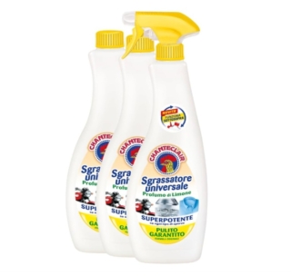 Chanteclair Sgrassatore Universale sgrassa, smacchia e pulisce a fondo ogni tipo di sporco, anche ostinato, da tutte le superfici. La sua formula arricchita con bicarbonato assicura un pulito senza aloni. È adatto in cucina, in bagno, in ufficio e in auto; può essere usato anche come pretrattante su capi d'abbigliamento in caso di macchie difficili. Prezzo per un flacone e due ricariche: 9,99 euro. www.amazon.it