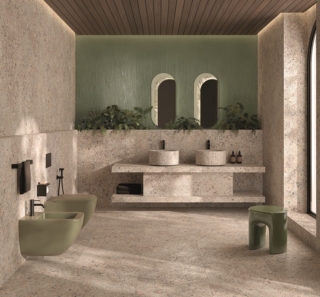 Materia Eclettica di Fap Ceramiche è un gres porcellanato che richiama l’estetica del sasso dal carattere ruvido, con finitura True Touch che valorizza i dettagli materici. A pavimento e alle pareti di lavabi e sanitari è nel colore Tortora, formato 60 x 120 cm costa 89,80 euro al mq + Iva. È abbinato a Materia Brillante nel colore Riflessi Bosco, formato 50 x 120 cm che costa 107,70 euro al mq + Iva. www.fapceramiche.com Materia Eclettica di Fap Ceramiche è un gres porcellanato che richiama l’estetica del sasso dal carattere ruvido, con finitura True Touch che valorizza i dettagli materici. A pavimento e alle pareti di lavabi e sanitari è nel colore Tortora, formato 60 x 120 cm costa 89,80 euro al mq + Iva. È abbinato a Materia Brillante nel colore Riflessi Bosco, formato 50 x 120 cm che costa 107,70 euro al mq + Iva. www.fapceramiche.com