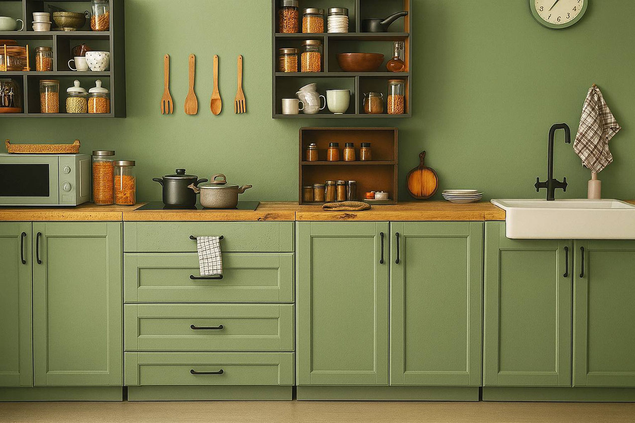 Lo smalto murale Unimarc di San Marco, qui in tinta opaca Sage Embrace 226G dei ColorTrends 2026, è ideale per ambienti che richiedano elevato standard igienico-sanitario e frequenti pulizie. La confezione da 4 litri di bianco costa 87,93 euro. www.san-marco.com