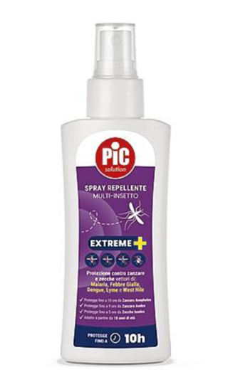 Spray repellente Multi-Insetto Extreme+ di Pic a base di DEET® 19,5% agisce per 10 ore (uso: dai 18 anni). www.picsolution.com