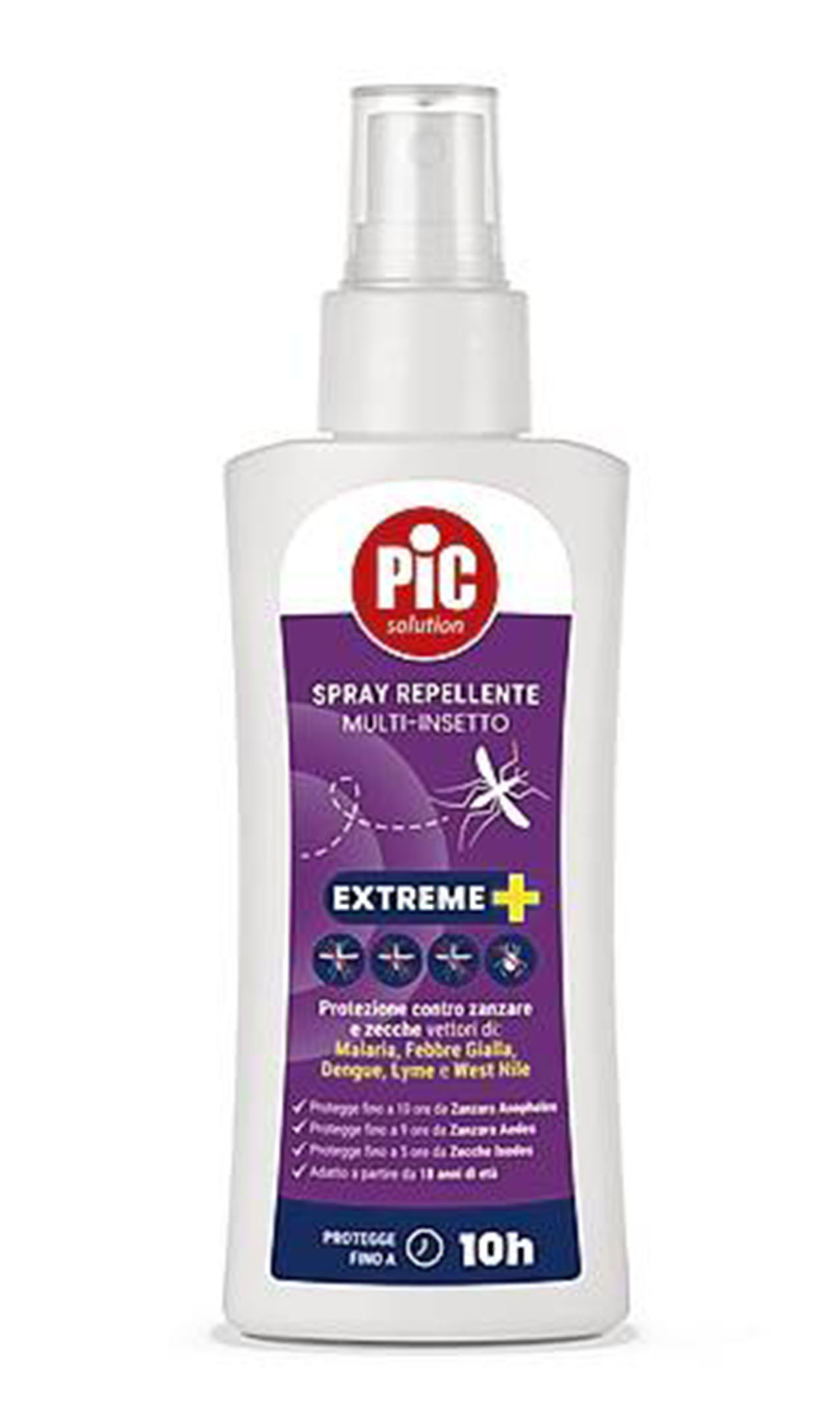 Spray repellente Multi-Insetto Extreme+ di Pic a base di DEET® 19,5% agisce per 10 ore (uso: dai 18 anni). www.picsolution.com