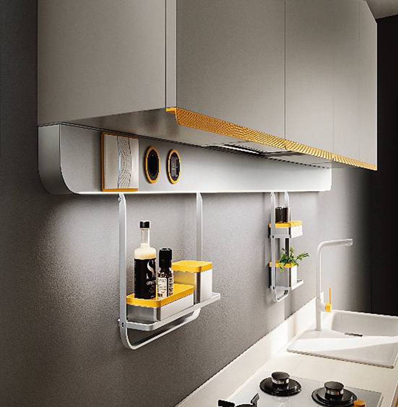 La task bar di Dandy Plus di Scavolini, fissata a parete sotto i pensili, integra funzioni smart come prese elettriche e porte USB, oltre a diversi accessori, e ad Alexa, assistente virtuale intelligente che controlla gli impianti tecnologici attraverso il sistema BTicino Living Now. Prezzo da rivenditore. www.scavolini.com