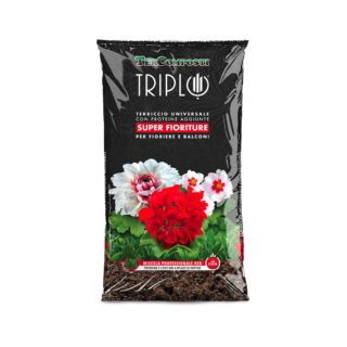 TRIPLO SUPER FIORITURE, è il terriccio universale professionale frutto di un innovativo processo produttivo in grado di permettere la miscelazione tra un equilibrato mix di torbe ed un prezioso e strutturato composto di elementi organo-proteici.
Grazie alla sua speciale formulazione, ricca di acidi fulvici e umici, sostanze organiche e amminoacidi ramificati, tutti di genesi vegetale, TRIPLO SUPER FIORITURE svolge un’attività nutritiva e immunostimolante, riuscendo ad accelerare la funzione di sviluppo delle piante in modo del tutto naturale. Arricchito di perlite, garantisce alle piante un ottimo drenaggio, riducendo l’insorgere di marciumi radicali.https://tercomposti.com/prodotto/super-fioriture/ TRIPLO SUPER FIORITURE, è il terriccio universale professionale frutto di un innovativo processo produttivo in grado di permettere la miscelazione tra un equilibrato mix di torbe ed un prezioso e strutturato composto di elementi organo-proteici.
Grazie alla sua speciale formulazione, ricca di acidi fulvici e umici, sostanze organiche e amminoacidi ramificati, tutti di genesi vegetale, TRIPLO SUPER FIORITURE svolge un’attività nutritiva e immunostimolante, riuscendo ad accelerare la funzione di sviluppo delle piante in modo del tutto naturale. Arricchito di perlite, garantisce alle piante un ottimo drenaggio, riducendo l’insorgere di marciumi radicali.https://tercomposti.com/prodotto/super-fioriture/