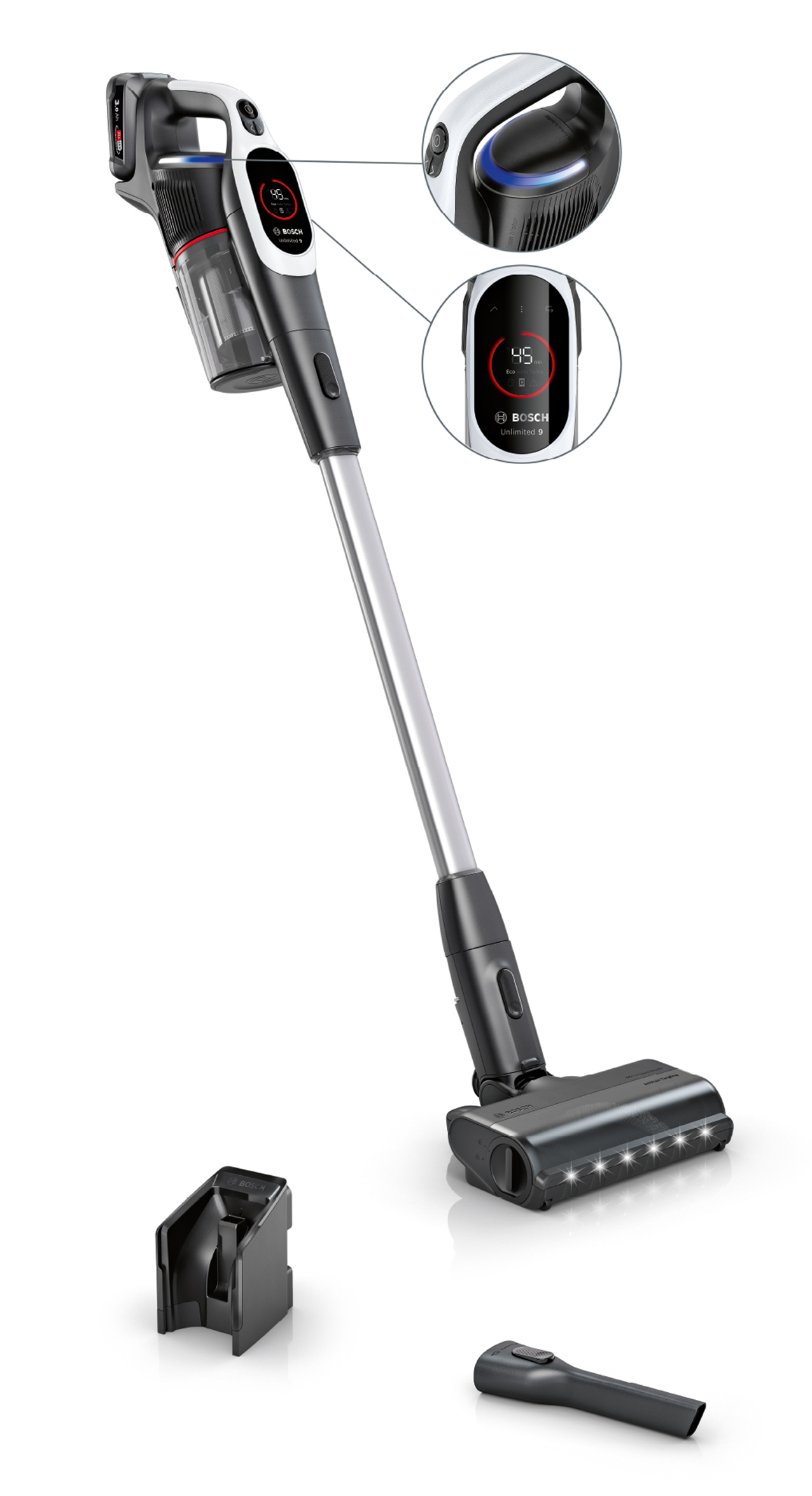 Maneggevole ed ergonomica, Unlimited 9 BCS931WBA di Bosch offre un'esperienza d'uso intuitiva grazie al display LED, che permette di selezionare le diverse funzioni e tenere sotto controllo il livello di autonomia della batteria, assicurando fino a un’ora di utilizzo. L’ampio diametro del rullo della spazzola MicroClean™ e la speciale disposizione delle setole impediscono ai capelli di aggrovigliarsi ed è dotata della tecnologia avanzata MicroClean per rilevare e rimuovere in profondità anche le particelle di sporco e polvere più microscopiche. Il compressore slider facilita la manutenzione poiché la polvere e lo sporco compressi possono essere semplicemente spinti fuori dal contenitore. Prezzo 549 euro. www.bosch-home.com