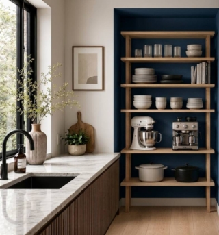 cucina con mobile a ripiani in nicchia con sfondo blu cucina con mobile a ripiani in nicchia con sfondo blu