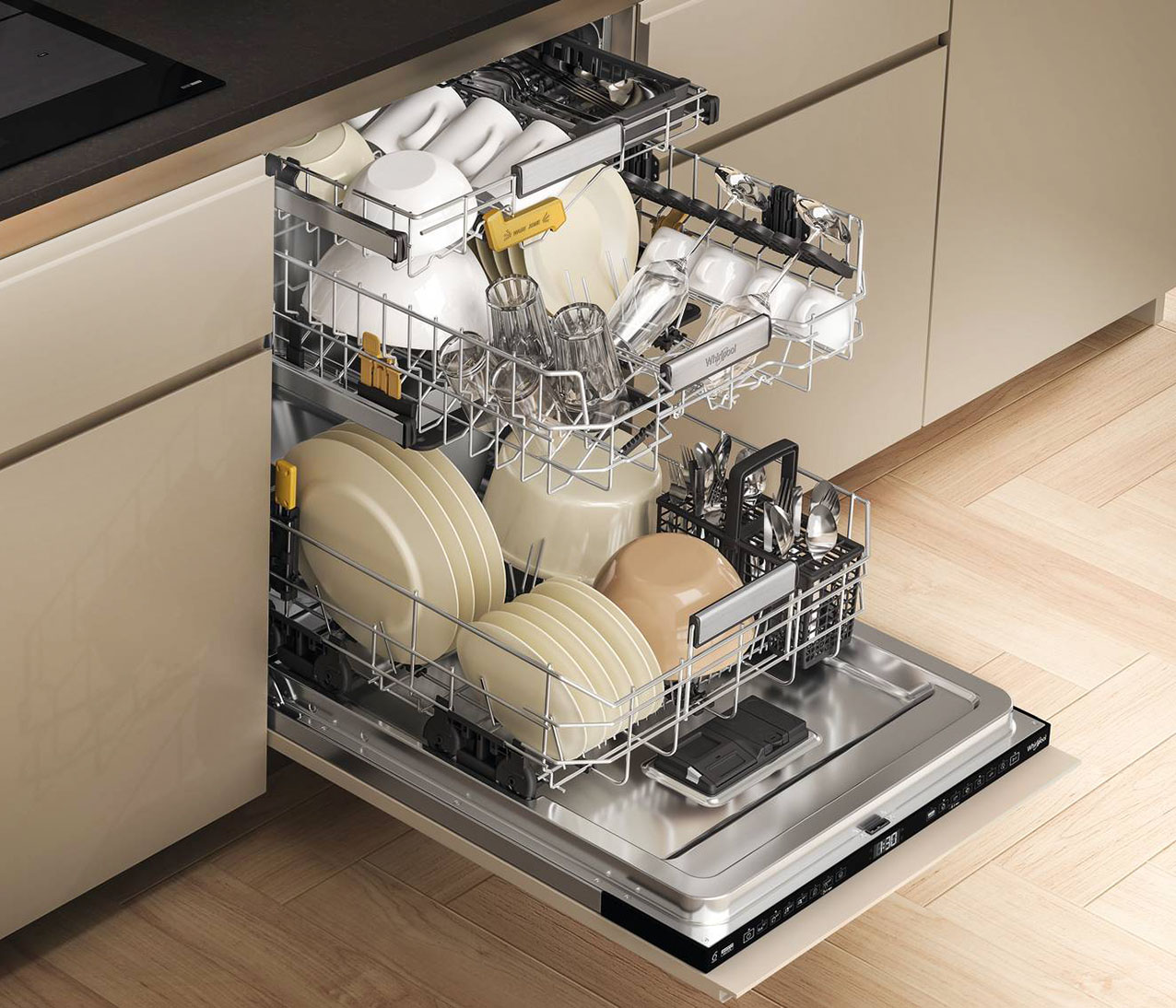 Con vasca MaxiSpace che offre una maggiore capienza a parità di ingombro dell’incasso, la lavastoviglie WH8IA15AM3TUCH0 di Whirlpool ha una capacità per 15 coperti. Consente di caricare contemporaneamente anche piatti della pizza di 32 cm nel cestello inferiore e piatti da dessert di 19 cm nel cestello superiore. A scomparsa totale, è in classe energetica A e ha terzo cesto, con getti d'acqua integrati, con una configurazione flessibile per accogliere tazze, scodelle e bicchieri alti fino a 13 cm. È dotata di 8 programmi e di 2 luci led all'interno della vasca che migliorano la visibilità. Misura L 60 x P 55,5 x H 82 cm. Prezzo da rivenditore. www.whirlpool.it