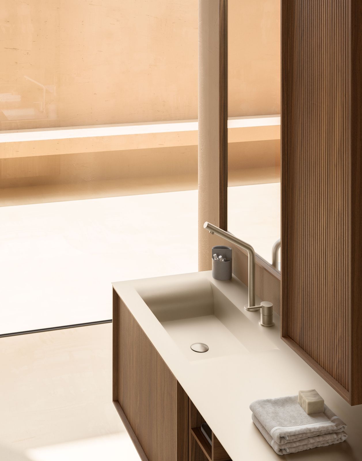 Il miscelatore Mirage di Cerasa è costituito da canna di erogazione e comando remoto. Forma e misure lo rendono adatto a soluzioni con lavabo da appoggio, ma anche a piani con vasca lavabo integrata. È disponibile nelle finiture Cromo, Nero satinato e Ottone opaco. Misura P 17 x H 32 cm. Prezzo, Iva esclusa, nella finitura Ottone opaco (come in foto) e Nero opaco, 1.266 euro. www.cerasa.it
