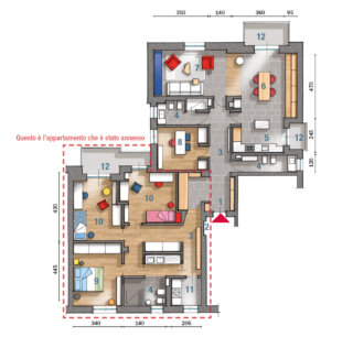 1 Ingresso 2 Vecchio ingresso murato 3 Corridoio 4 Bagno 5 Cucina 6 Zona pranzo 7 Soggiorno 8 Studio 9 Camera matrimoniale 10 Camera 11 Lavanderia 12 Balcone 1 Ingresso 2 Vecchio ingresso murato 3 Corridoio 4 Bagno 5 Cucina 6 Zona pranzo 7 Soggiorno 8 Studio 9 Camera matrimoniale 10 Camera 11 Lavanderia 12 Balcone