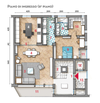 1 Ingresso 2 Scala 3 Soggiorno 4 Zona pranzo 5 Parete vetrata 6 Cucina 7 Disimpegno 8 Bagno 9 Camera matrimoniale 10 Cabina armadio 11 Balcone 12 Ascensore 13 Scala di servizio 1 Ingresso 2 Scala 3 Soggiorno 4 Zona pranzo 5 Parete vetrata 6 Cucina 7 Disimpegno 8 Bagno 9 Camera matrimoniale 10 Cabina armadio 11 Balcone 12 Ascensore 13 Scala di servizio