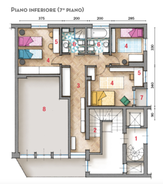 1 Pianerottolo 2 Scala 3 Corridoio 4 Camera 5 Postazione studio 6 Bagno 7 Balcone 8 Altra proprietà 1 Pianerottolo 2 Scala 3 Corridoio 4 Camera 5 Postazione studio 6 Bagno 7 Balcone 8 Altra proprietà