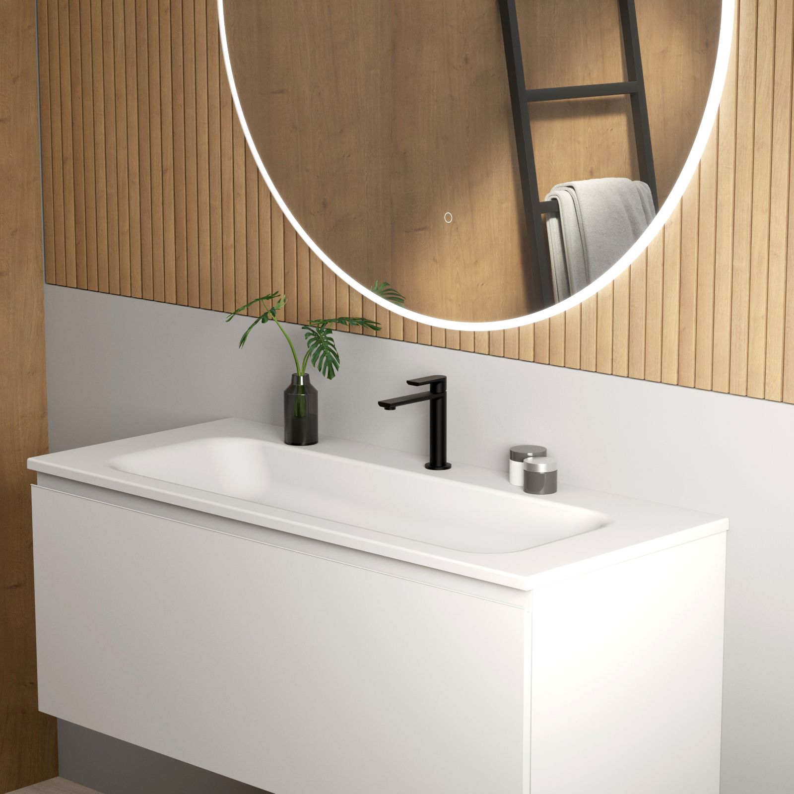 Il rubinetto da lavabo Rivea collezione Dia di Reuter in finitura nero opaco è dotato di
aeratore a risparmio idrico che eroga 4 l/min a 3 bar per un getto d’acqua confortevole. È alto 16,6 cm. Prezzo 280,21 euro. www.reuter.com