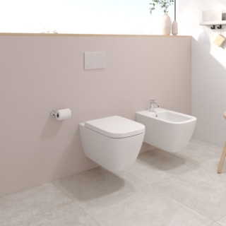 La collezione di sanitari sospesi Basento di Ideal Standard distribuita da Reuter è realizzata in ceramica bianca. Il vaso è senza brida e con soft-close removibile. Prezzo della coppia di sanitari 376,24 euro. www.reuter.com