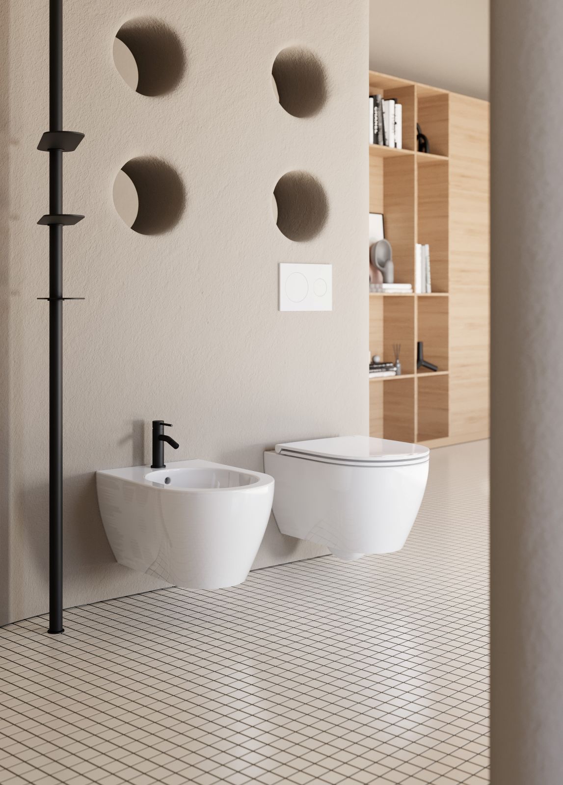Sono in ceramica e disponibili anche in undici colorazioni diverse, lucide e opache, e nella versione bicolor i sanitari sospesi Glam di Scarabeo. Il vaso è dotato di sistema di scarico Twist e del sistema ECO Water Saving Plus per il risparmio idrico. Prezzo al pubblico del vaso, nella versione classica bianca e Iva esclusa, 340 euro; prezzo del bidet, nella versione bianca e Iva esclusa, 320 euro. https://scarabeoceramiche.it/