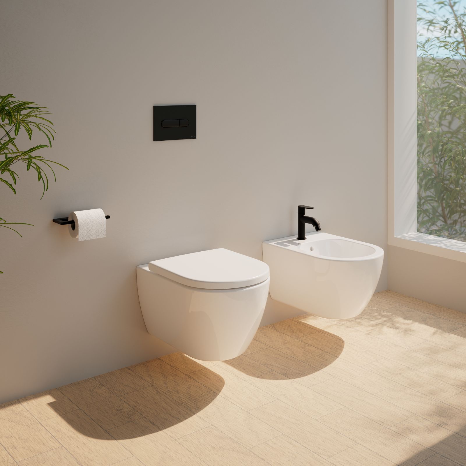 I sanitari sospesi evineo ineo5 di Reuter sono realizzati in ceramica bianca con superficie evineoClean, repellente allo sporco. Il vaso con sedile soft-close, rimovibile, è senza brida. Misurano, cadauno, L 36 x P 54 cm. Prezzo della coppia 376,24 euro. www.reuter.com
