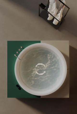 La vasca idromassaggio indoor Aretusa design Claudio Papa per Disenia è realizzata in Aquatek (solid surface). È dotata di vano portaoggetti e sistema idromassaggio Airpool e Whirlpool. La luce all’interno delle superfici è utilizzata sia a scopo terapico sia per creare atmosfera grazie a una corona illuminata che mette in risalto il bacino della vasca. Misura L 160 x P 175 cm e ha bacino con un diametro di 145 cm. Prezzo su richiesta. www.claudiopapa.it La vasca idromassaggio indoor Aretusa design Claudio Papa per Disenia è realizzata in Aquatek (solid surface). È dotata di vano portaoggetti e sistema idromassaggio Airpool e Whirlpool. La luce all’interno delle superfici è utilizzata sia a scopo terapico sia per creare atmosfera grazie a una corona illuminata che mette in risalto il bacino della vasca. Misura L 160 x P 175 cm e ha bacino con un diametro di 145 cm. Prezzo su richiesta. www.claudiopapa.it