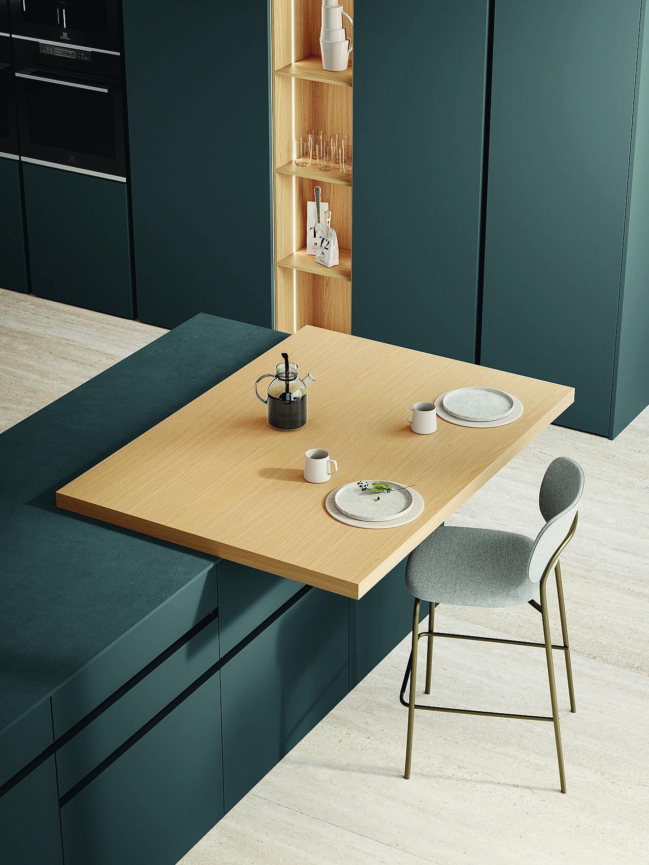 L'elemento scorrevole impiallacciato Rovere Ikebana di Iconica di Veneta Cucine facilita l’accesso alle basi sottostanti. La frammentazione dell’allineamento orizzontale, rispetto al top ceramico dell’isola in Caranto Ker, e il contrasto materico creano originalità visiva. www.venetacucine.com