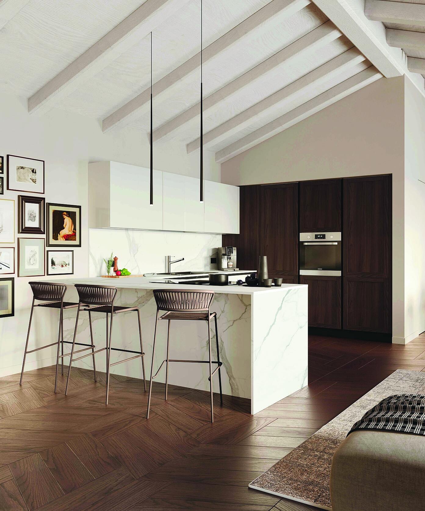 1 Il top in laminato della penisola
del modello su misura Pratica 2512 di
La Casa Moderna sporge rispetto ai volumi contenitivi delle basi (con ante in nobilitato bianco ed effetto legno), trasformandosi in bancone (misure L 252 x 99 cm). Il pannello retro-bancone e il fianco a terra danno continuità. www.lacasamoderna.it