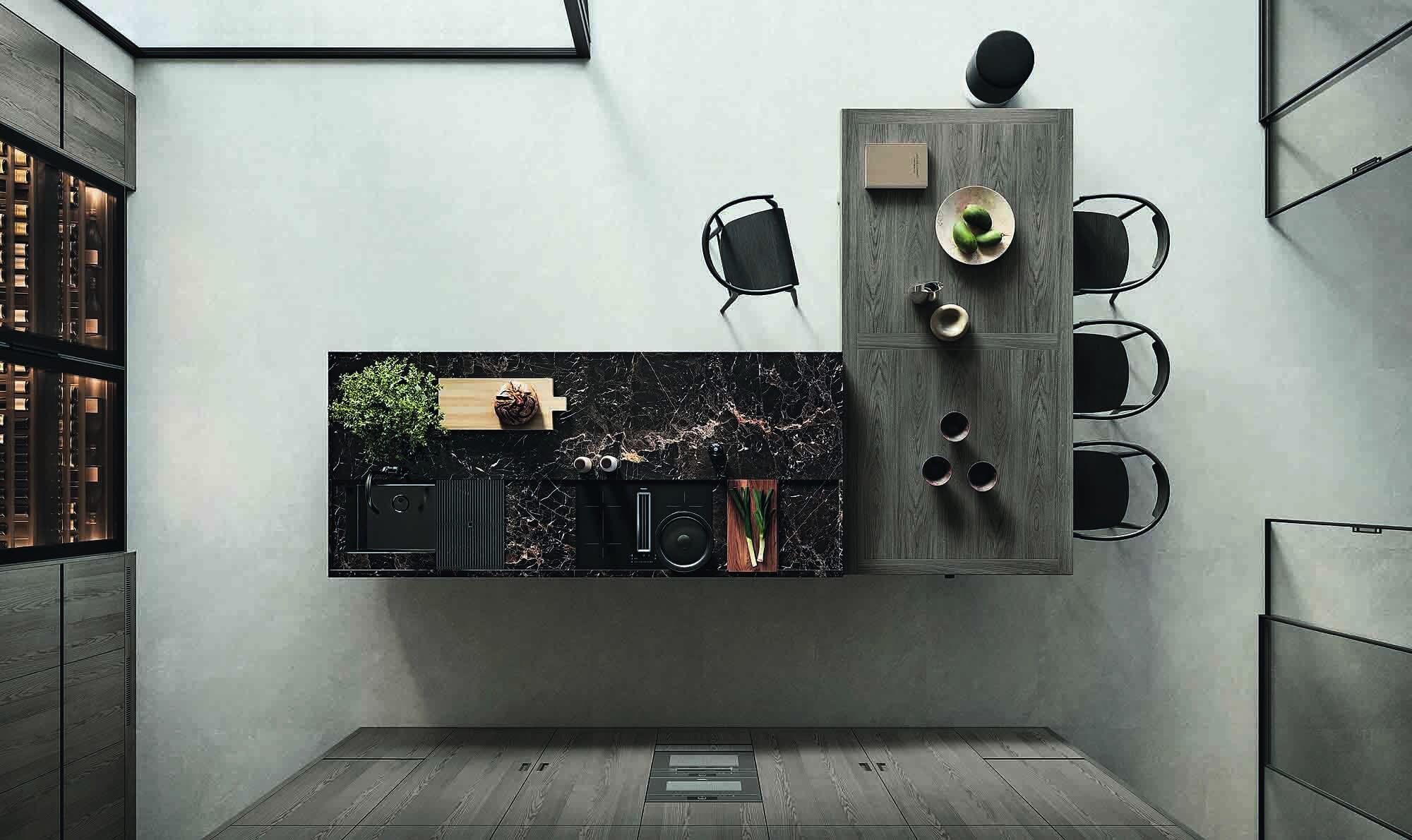 L’isola con anta Elegant in acciaio inox PVD nero e top in marmo Noir
Saint Laurent lucido (spessore 20 cm)
di questa versione di Convivium
di Arclinea integra il piano Up&Down Era di rovere grigio NFT. Un tavolo “rituale” ad altezza variabile tra 72 e 90 cm, per un uso differenziato. www.arclinea.com