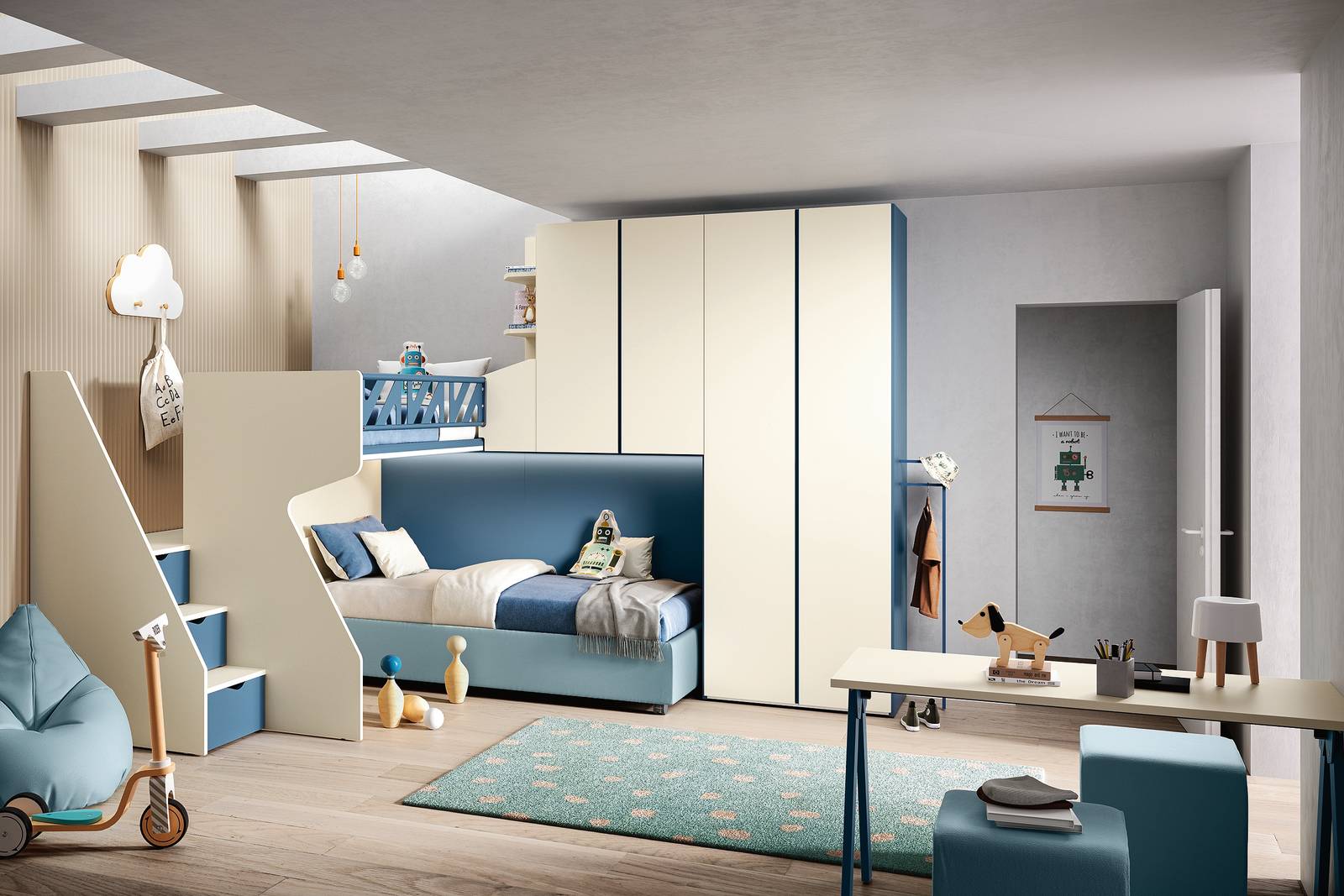 La composizione K123 Concept Kids Collection di Moretti Compact Camerette è in nobilitato crema e laccato crema e blu navy. Il soppalco misura L 368,4 x P 266 x H 258 cm, il letto L 211,6 x P 103 x H 40,5 cm. Il gruppo armadio + soppalco costa 4.590 euro (è esclusa la scrivania). camerette.moretticompact.it La composizione K123 Concept Kids Collection di Moretti Compact Camerette è in nobilitato crema e laccato crema e blu navy. Il soppalco misura L 368,4 x P 266 x H 258 cm, il letto L 211,6 x P 103 x H 40,5 cm. Il gruppo armadio + soppalco costa 4.590 euro (è esclusa la scrivania). camerette.moretticompact.it