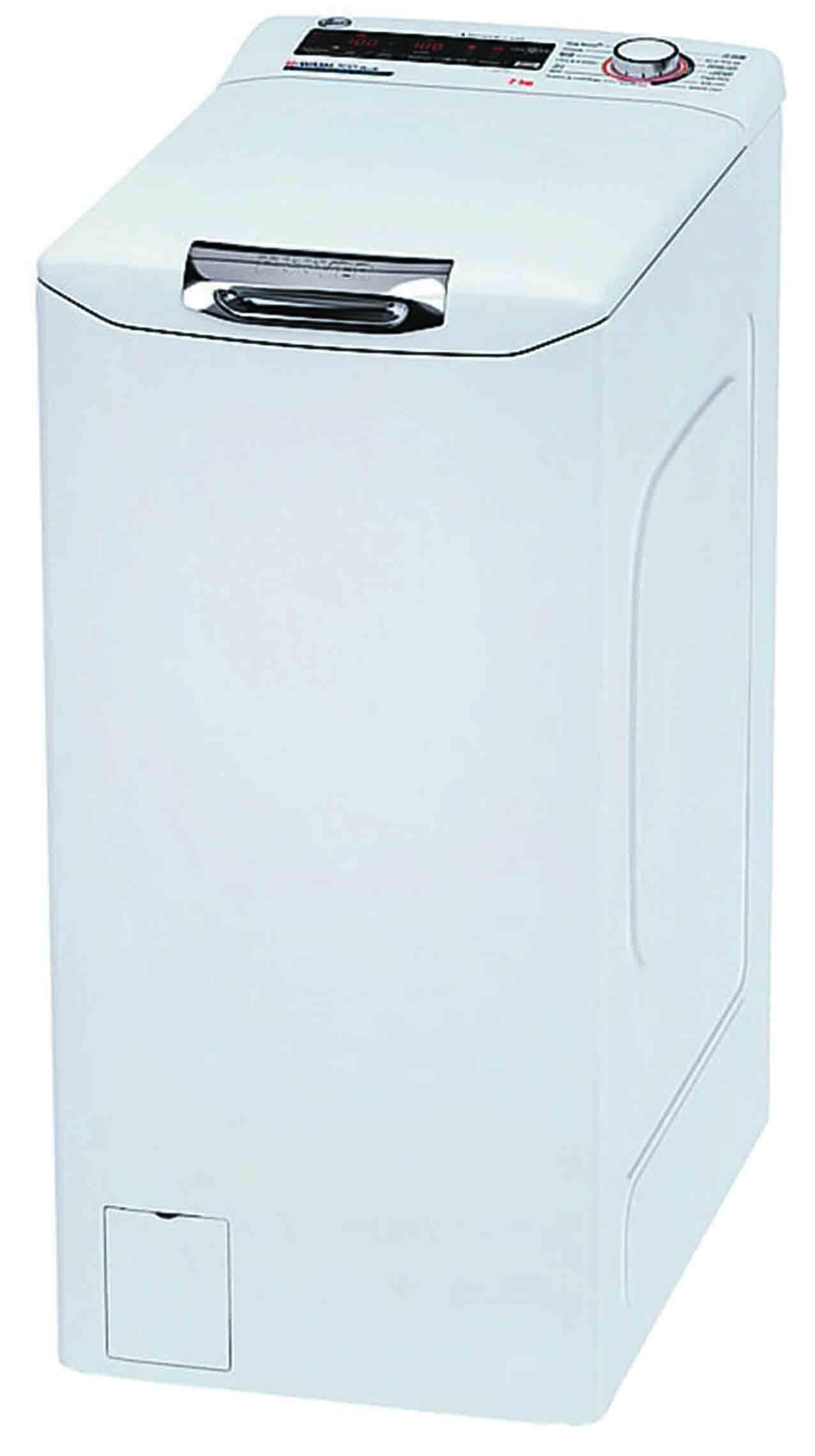 La lavatrice a carica dall’alto H-Wash 300 H3TM28TAMC5/1-11 di Hoover ha il motore Inverter. Con un carico massimo di 8 kg e 17  programmi, è in classe di efficienza energetica A. La centrifuga massima è 1.200 giri/min. È dotata di app Wizard. Misura L 40,5 x P 60 x H 86 cm.