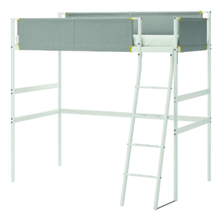 La struttura per letto a soppalco Vitval di Ikea è in acciaio con laccatura epossidica, il tessuto di protezione è in poliestere. Misura L 97 x P 207 x H 195 cm (H sotto 151 cm); costa 299 euro. giornonotte.moretticompact.it