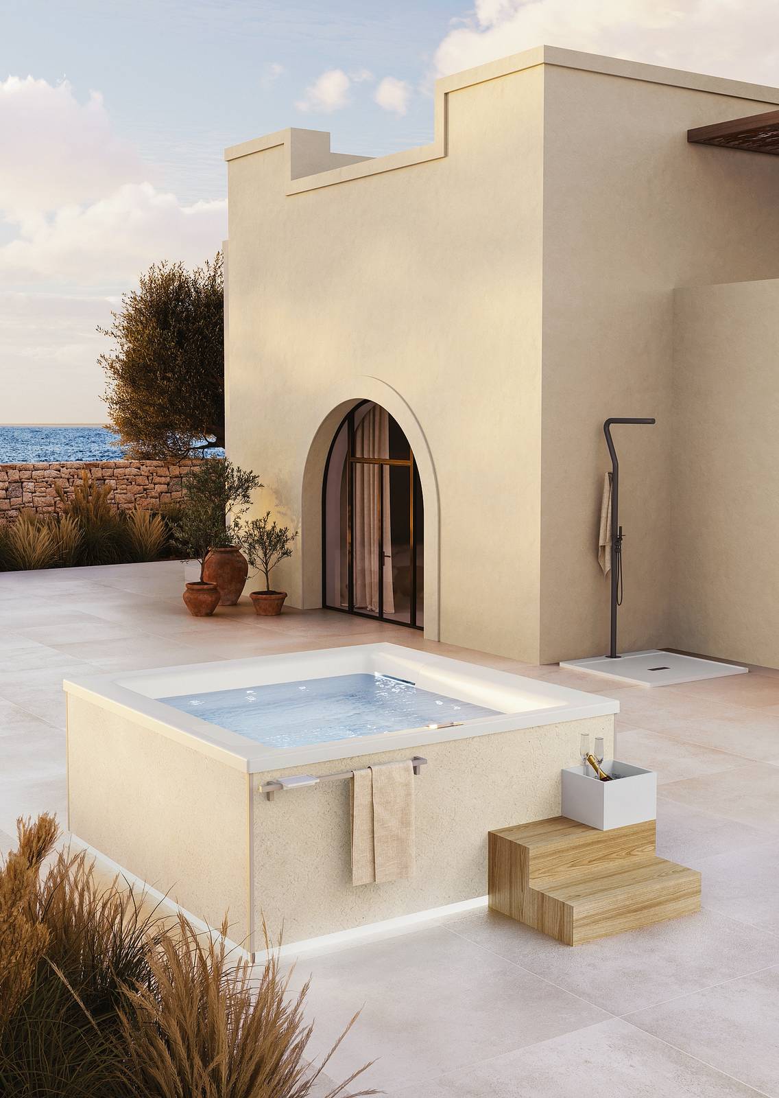 Destinata sia agli ambienti esterni sia interni,
The Wellness Collection di Disenia, design Claudio Papa, si compone di tre modelli
di minipiscine. Gilium, con pannelli in pietra di Trani
e led perimetrale, è completa di scaletta e porta ghiaccio, poggiatesta ergonomici, rinforzo del guscio
e sistemi di filtrazione, e di carico-scarico automatico.
Misura 210 x 210 x H 85 cm; prezzo su preventivo. www.disenia.it
