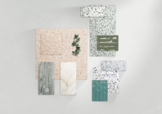 Moodboard con pavimento in gres Marazzi Frammento effetto graniglia