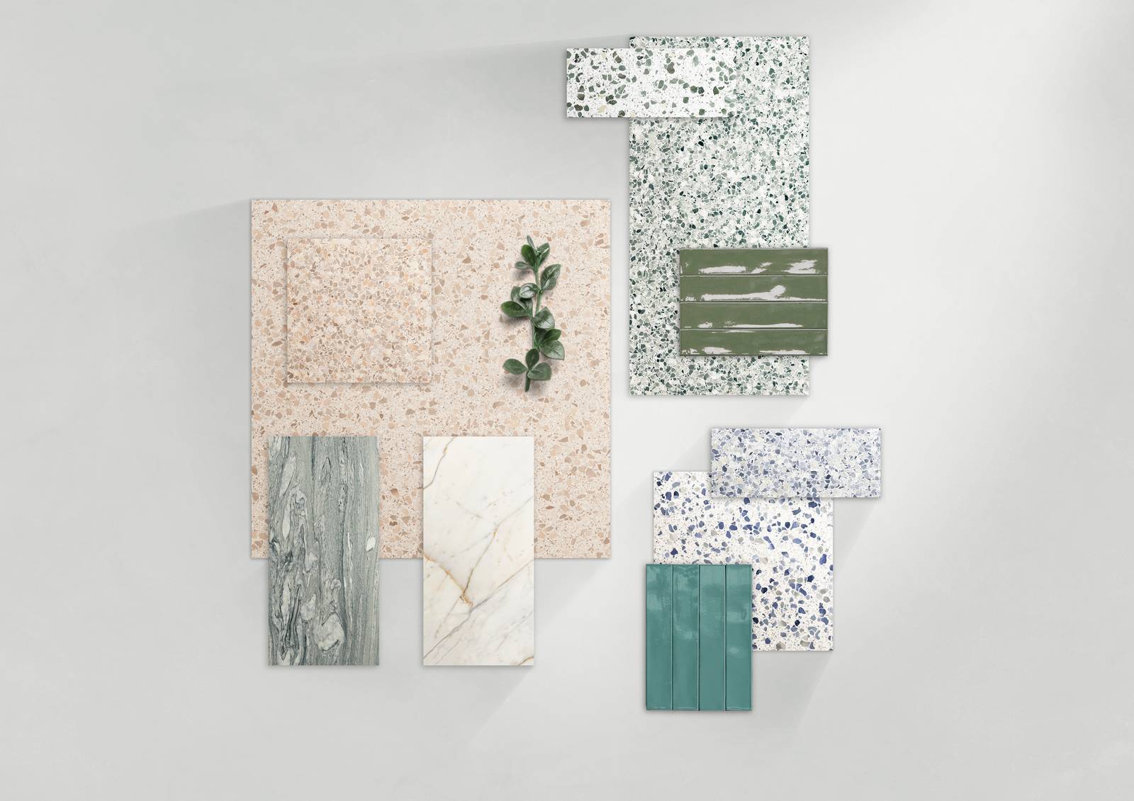 Moodboard con pavimento in gres Marazzi Frammento effetto graniglia