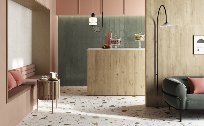 La graniglia del terrazzo veneziano è reinterpretata dal gres porcellanato Colorful di Pastorelli, in modo vivace e insolito. È nelle versioni Light con base più chiara, Natural nei toni terracotta e Dark con fondo scuro. Nel formato 60 x120 cm costa 77,97 euro al mq + Iva. www.pastorellitiles.com