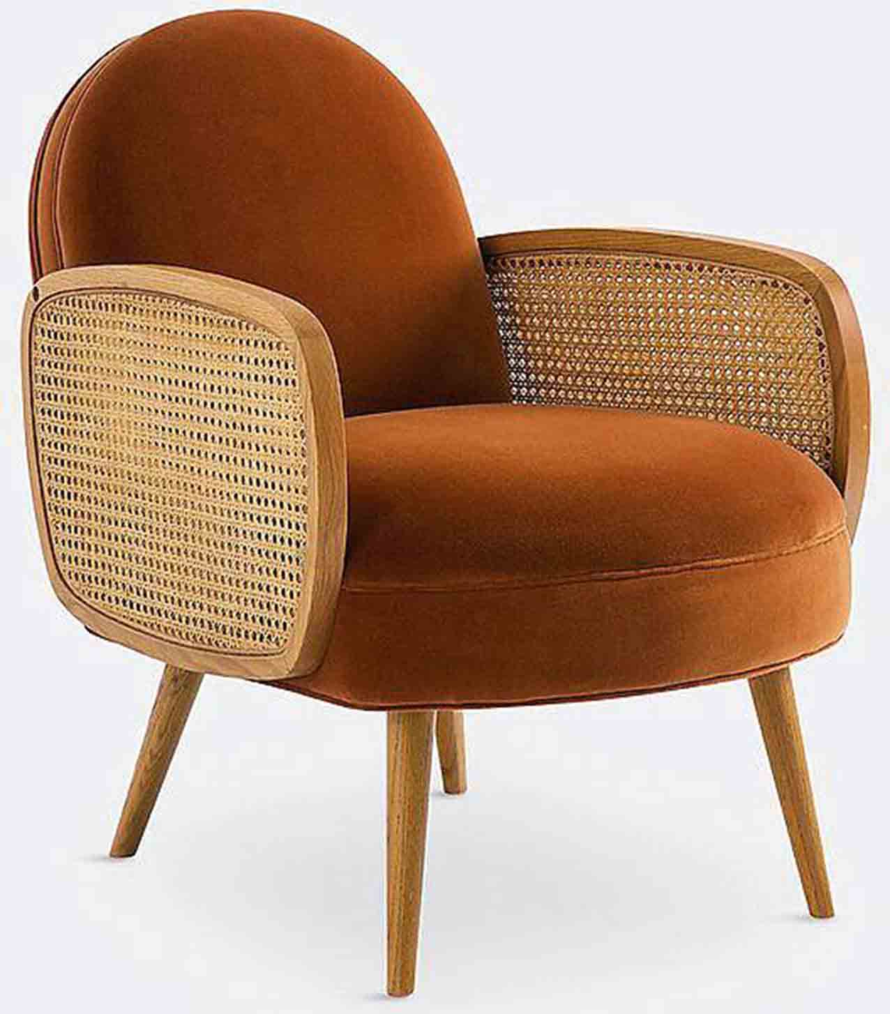 La poltrona Buisseau di La Redoute Interieurs abbina il velluto in cotone al vimini. I braccioli e le gambe sono in massello di rovere. Misura L 59,2 x P 82 x H 75,5 cm. www.laredoute.com La poltrona Buisseau di La Redoute Interieurs abbina il velluto in cotone al vimini. I braccioli e le gambe sono in massello di rovere. Misura L 59,2 x P 82 x H 75,5 cm. www.laredoute.com