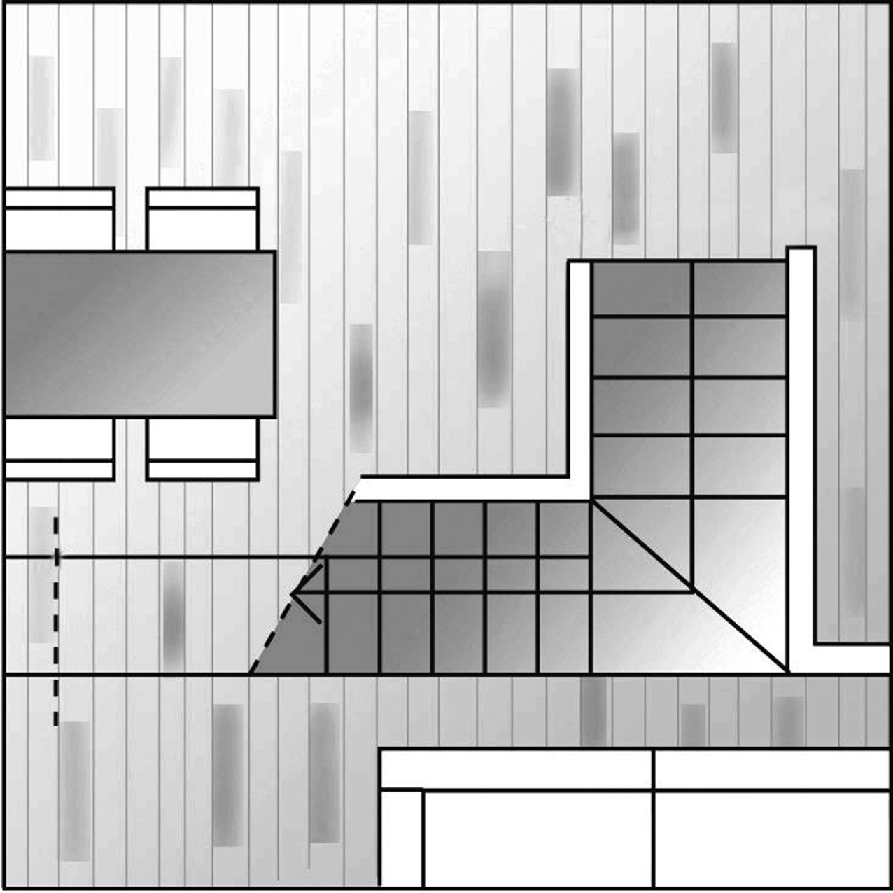 Ad angolo.Questa configurazione prevede due rampe parallele collegate da un pianerottolo intermedio, con un’inversione di direzione di 180° ottimizza dislivelli accentuati ma genera maggiore ingombro rispetto
a una rampa unica e richiede un taglio importante della soletta superiore.