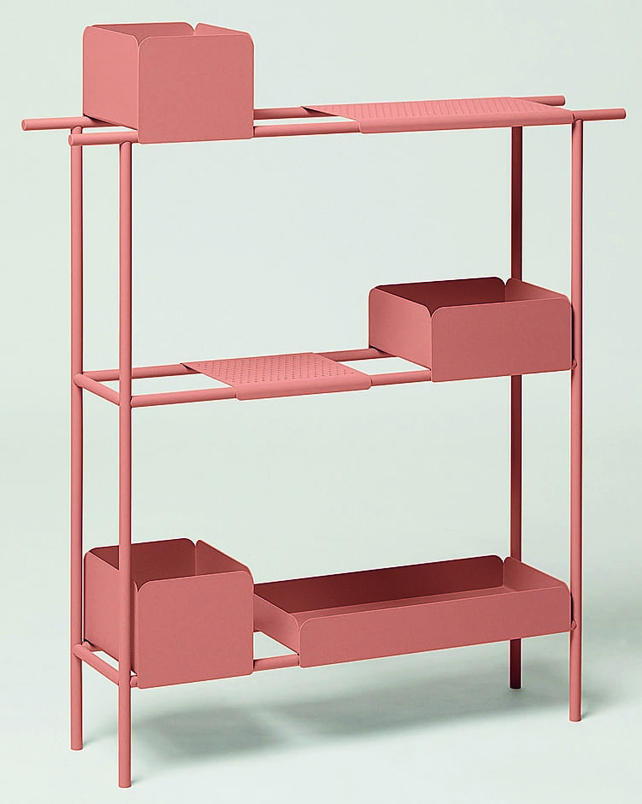 Lo scaffale Frida di Hiro Design è costituito da una struttura su cui appoggiano quattro box e due mensoline. In acciaio verniciato, misura L 71,5 x P 17 x H 80 cm e costa 149 euro. hiro.design