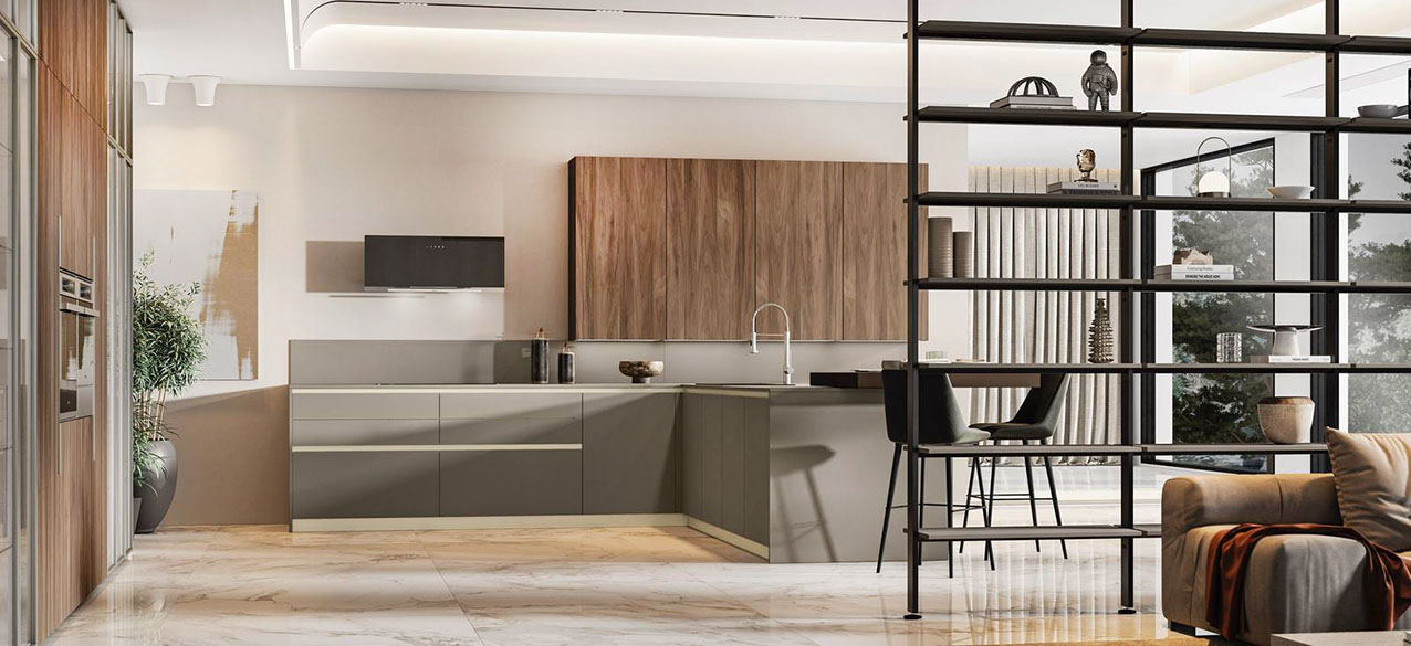Una forma a “L” per il modello Loft 2.2 di Arrex che si apre sul living con cui dialoga per mezzo della parete attrezzata bifacciale. Le basi hanno le ante lisce e il piano di lavoro realizzati in Laminato Fenix Grigio Londra con un pratico piano snack scorrevole Silde in laminato Fenix Cacao Orinoco. Un modulo base da 60 cm, prezzo 502 euro + IVA. https://www.arrex.it