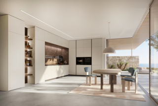 Fa parte del programma I Naturali di Ar-Tre la cucina ad angolo che è composta da una serie di basi, di colonne e di pensili con le ante lisce in Domus frassino laccato Mandorla che danno vita ad una superficie uniforme ed elegante. La barra accessori con profilo scanalato consente di avere a portata di mano utensili e oggetti grazie alle mensoline e ai supporti modulari. Il top e lo schienale in HPL Canberra, con una texture irregolare e profonda, danno vita ad una “nicchia” che racchiude la zona operativa. Prezzo su richiesta. https://www.ar-tre.it