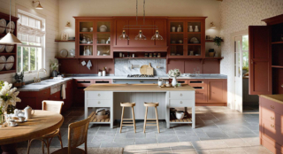 I colori caldi delle spezie per gli arredi della grande composizione Adalise di Marchi Cucine che si sviluppa intorno al blocco cottura, con cappa integrata, ed è caratterizzata da uno stile classico sottolineato dalle ante a telaio e dalle vetrine. Il piano è realizzato in pietra chiara. L’isola centrale, che può essere utilizzata come zona pranzo e coffee area, diventa il fulcro dello spazio dedicato alla convivialità e ai momenti di pausa. Un modulo base da 90 cm con due cestoni estraibili, prezzo a partire da 1.200 euro + IVA. https://marchicucine.it