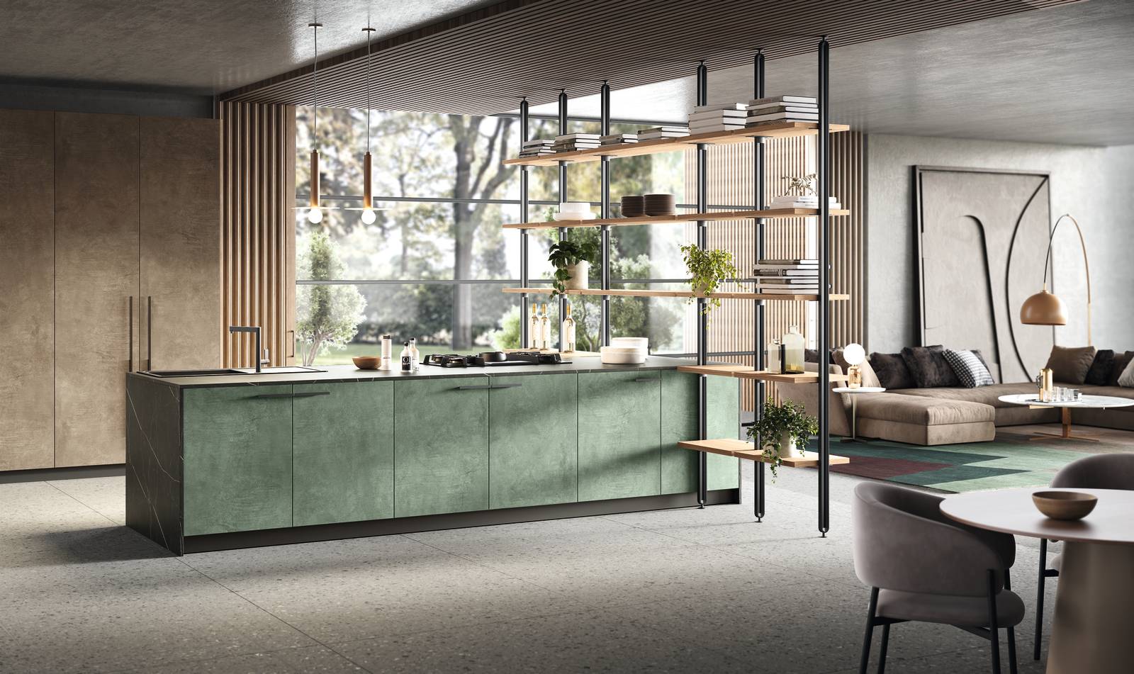 Si apre completamente sulla zona giorno la luminosa cucina open space College di Moretti Compact Giorno Notte che diventa la protagonista del soggiorno: si sviluppa intorno all'ampia isola attrezzata, con le ante delle basi in melaminico Kena Verde, su cui si innesta la libreria Virgo bifacciale. Il piano di lavoro è realizzato in laminato grigio scuro. A parete trovano posto una serie di colonne in melaminico Kena Bronzo che danno vita ad una armadiatura dispensa. Prezzo su richiesta. https://www.moretticompact.it