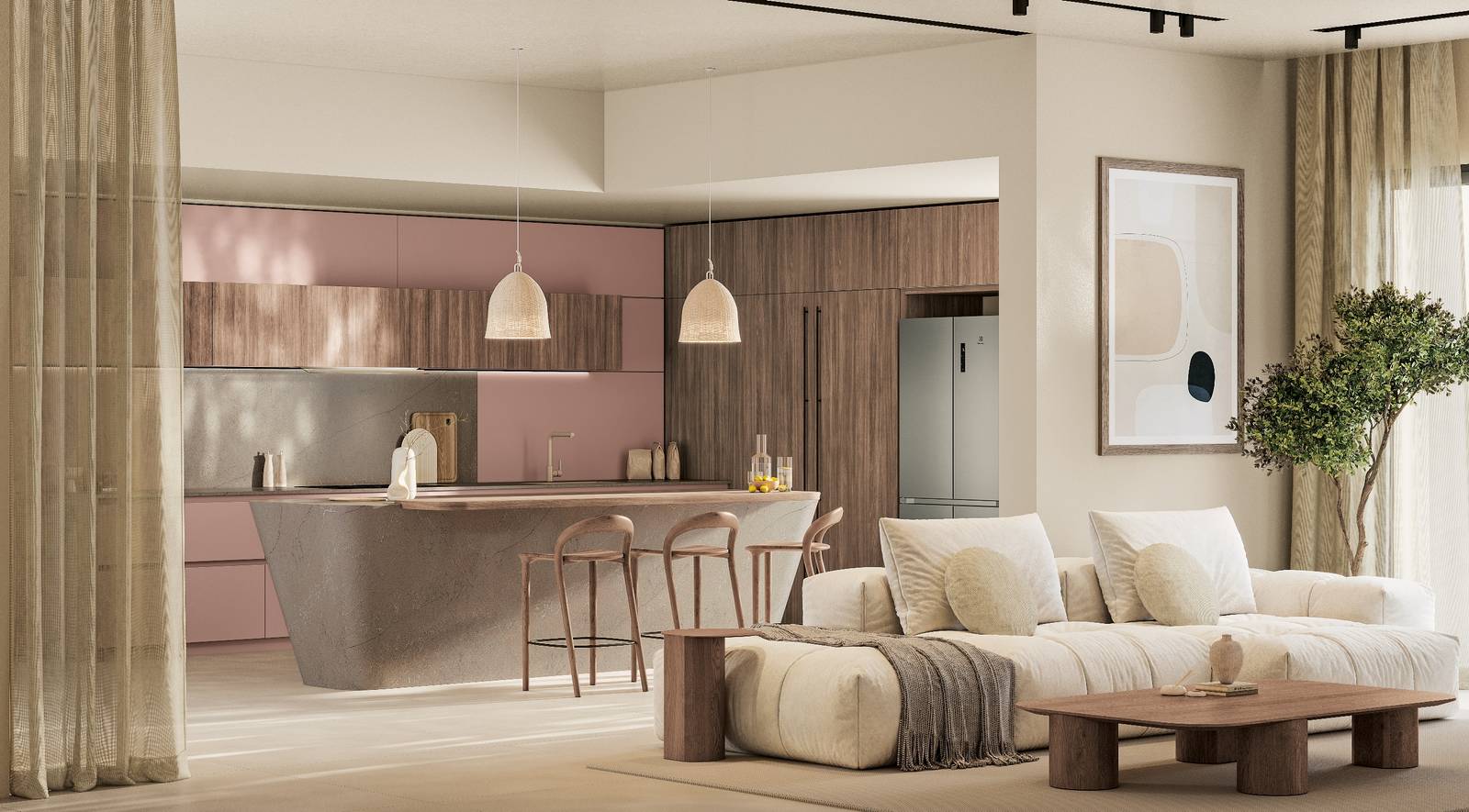 Una raffinata sfumatura rosa per le ante delle basi e della boiserie, in laminato PET Bellini, della composizione Daytona di Arrex Le Cucine che si sviluppa intorno allo scultoreo blocco isola in Tecniplan Ecotone Mistik finitura Tatum con il piano snack realizzato in laminato Rovere Cheyenne con gli spigoli stondati. Le colorazioni chiare e le superfici materiche rendono l'ambiente sofisticato e accogliente nello stesso tempo. Prezzo su richiesta. https://www.arrex.it