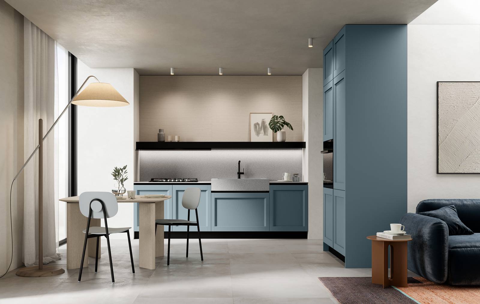 Una colorazione allegra e vivace per la cucina compatta e funzionale Frida della collezione Small Kitchens di Arredo3. Le ante a telaio in massello di legno laccato poro aperto carta da zucchero con una presa integrata, delle basi e delle colonne dell'armadiatura, sono abbinate al top in stratificato HPL sasso light. Prezzo su richiesta. https://www.arredo3.com