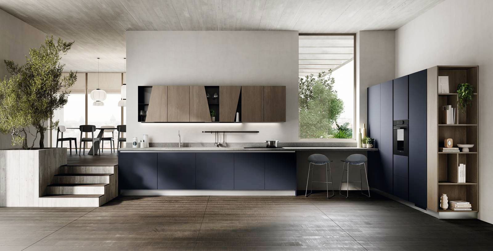 Le basi e le colonne della cucina angolare Regola di Scavolini hanno le ante lisce in decorativo Ink Blue che creano un raffinato contrasto con il piano in gres Abitum Pietra Grigia che dà vita a un pratico bancone snack sotto la finestra. A parete trovano posto i pensili con le ante in decorativo Rovere Gessato, come la colonna a giorno dell'armadiatura, alternati a elementi a giorno in metallo nella finitura Antracite. Prezzo su richiesta. https://www.scavolini.com