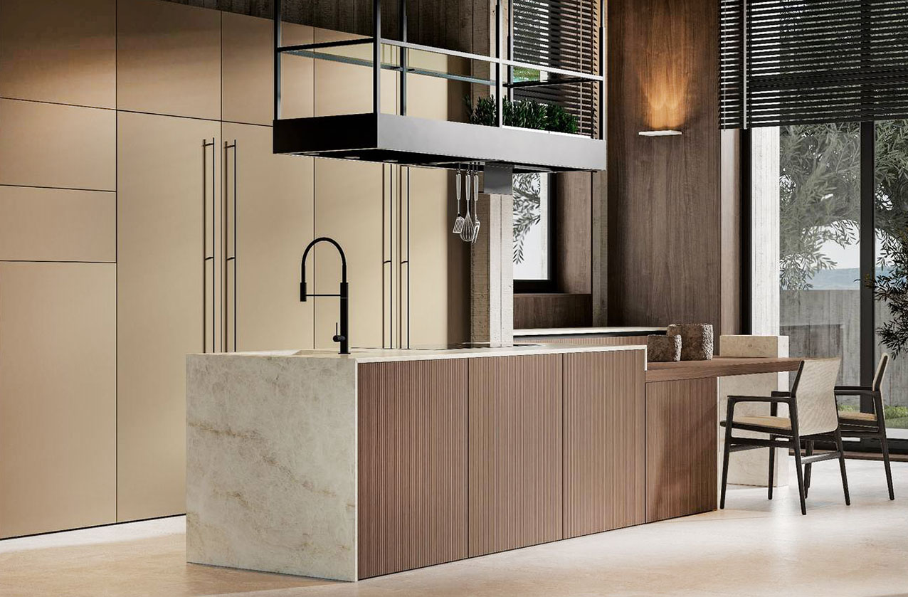 Legno scuro e marmo venato per la scultorea isola della composizione Daytona di Arrex Le Cucine che integra lateralmente un tavolo snack con il piano in impiallacciato Rovere Rhum. Il piano di lavoro e il supporto del piano snack sono realizzati in pregiato Marmo Taj Mahal; le ante delle basi sono in legno nella lavorazione rigata. Le colonne dell'armadiatura sono in PET Gold. Un modulo base da 60 cm, prezzo 618 euro + IVA. https://www.arrex.it Legno scuro e marmo venato per la scultorea isola della composizione Daytona di Arrex Le Cucine che integra lateralmente un tavolo snack con il piano in impiallacciato Rovere Rhum. Il piano di lavoro e il supporto del piano snack sono realizzati in pregiato Marmo Taj Mahal; le ante delle basi sono in legno nella lavorazione rigata. Le colonne dell'armadiatura sono in PET Gold. Un modulo base da 60 cm, prezzo 618 euro + IVA. https://www.arrex.it