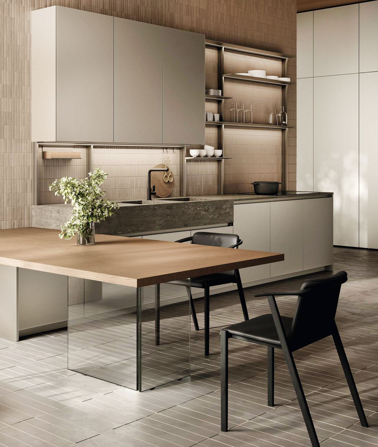 Un grande tavolo integrato, con il piano in impiallacciato Rovere Nordic e due lastre in vetro extrachiaro trasparente come sostegno, domina la scena nella cucina ONE di Ernestomeda che è caratterizzata dalle linee pulite e dai colori chiari. Le basi e i pensili hanno le ante in CrystalTouch effetto metallo Glow e il piano di lavoro in WPS Gray Feather opaco. Prezzo su richiesta. https://www.ernestomeda.com Un grande tavolo integrato, con il piano in impiallacciato Rovere Nordic e due lastre in vetro extrachiaro trasparente come sostegno, domina la scena nella cucina ONE di Ernestomeda che è caratterizzata dalle linee pulite e dai colori chiari. Le basi e i pensili hanno le ante in CrystalTouch effetto metallo Glow e il piano di lavoro in WPS Gray Feather opaco. Prezzo su richiesta. https://www.ernestomeda.com
