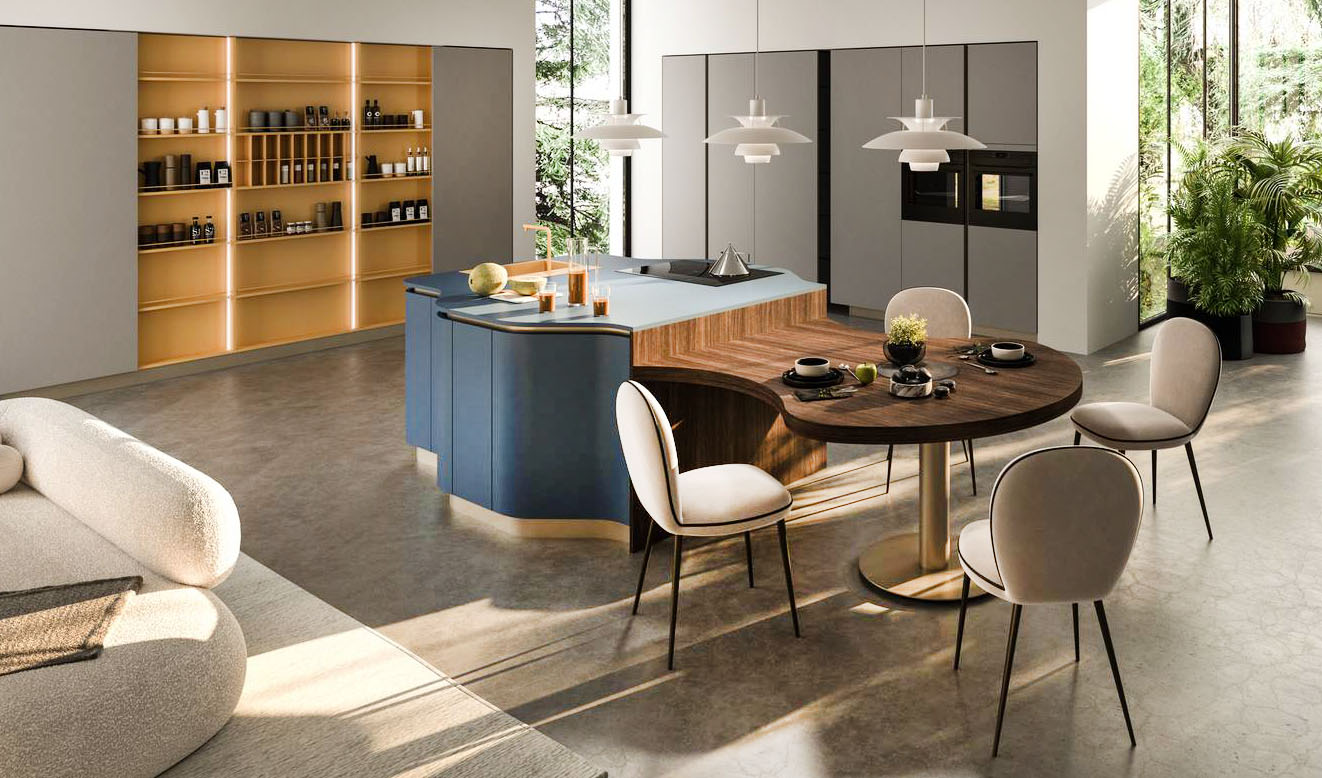 Si sviluppa intorno all'isola centrale la composizione Penelope di ARAN Cucine con le basi e il top in HPL Blu Berta Ker opaco, un materiale tecnico di grande impatto estetico e con caratteristiche prestazionali di rilievo. Il tavolo snack, con il piano in HPL Rovere Rubra Alevè e il basamento centrale in metallo verniciato Titanio, si innesta visivamente e funzionalmente in modo morbido e naturale, creando un piacevole gioco di piani sfalsati. Sul fondo, trovano posto la parete attrezzata con un sistema a giorno retroilluminato nella finitura Maggese Ker; le colonne laterali, in Grigio Smart, integrano gli elettrodomestici a scomparsa. Un modulo base da 60 cm, prezzo a partire da 264 euro + IVA. https://www.arancucine.it Si sviluppa intorno all'isola centrale la composizione Penelope di ARAN Cucine con le basi e il top in HPL Blu Berta Ker opaco, un materiale tecnico di grande impatto estetico e con caratteristiche prestazionali di rilievo. Il tavolo snack, con il piano in HPL Rovere Rubra Alevè e il basamento centrale in metallo verniciato Titanio, si innesta visivamente e funzionalmente in modo morbido e naturale, creando un piacevole gioco di piani sfalsati. Sul fondo, trovano posto la parete attrezzata con un sistema a giorno retroilluminato nella finitura Maggese Ker; le colonne laterali, in Grigio Smart, integrano gli elettrodomestici a scomparsa. Un modulo base da 60 cm, prezzo a partire da 264 euro + IVA. https://www.arancucine.it