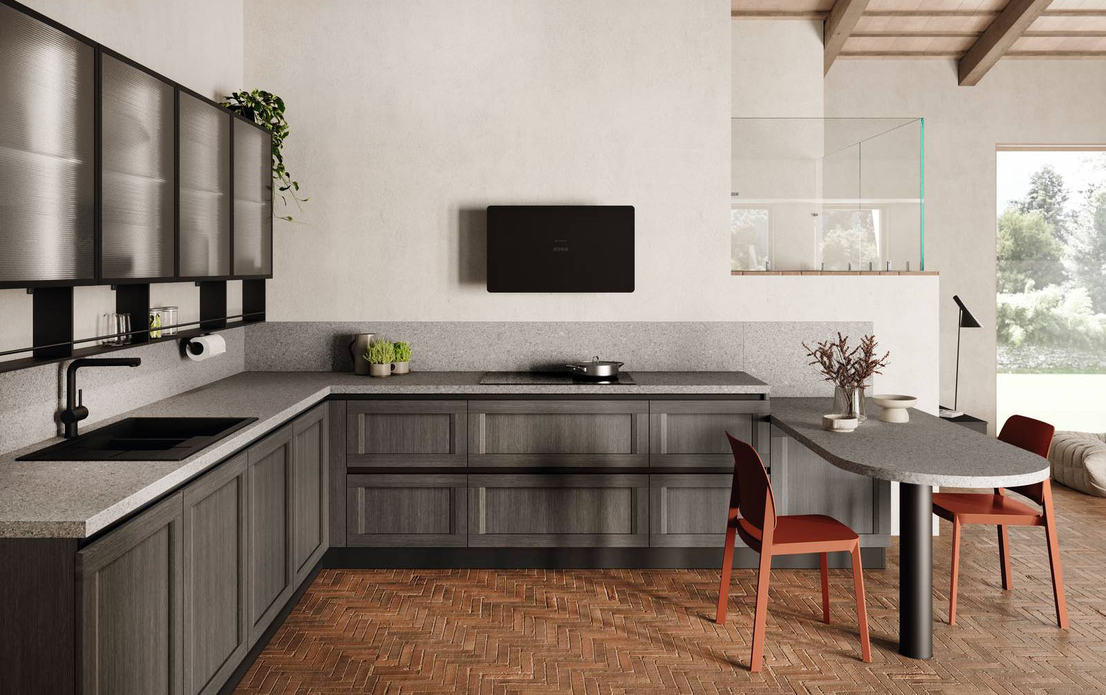 La cucina ad angolo Regola di Scavolini è corredata di un pratico banco tavolo laterale, con il piano in Laminato Street Grey, che permette di consumare pasti veloci. Le ante a telaio delle basi sono realizzate in decorativo Rovere Town; i pensili hanno le ante Telaio Alluminio nella finitura Antracite e vetro Screen. Prezzo su richiesta. https://www.scavolini.com/it La cucina ad angolo Regola di Scavolini è corredata di un pratico banco tavolo laterale, con il piano in Laminato Street Grey, che permette di consumare pasti veloci. Le ante a telaio delle basi sono realizzate in decorativo Rovere Town; i pensili hanno le ante Telaio Alluminio nella finitura Antracite e vetro Screen. Prezzo su richiesta. https://www.scavolini.com/it