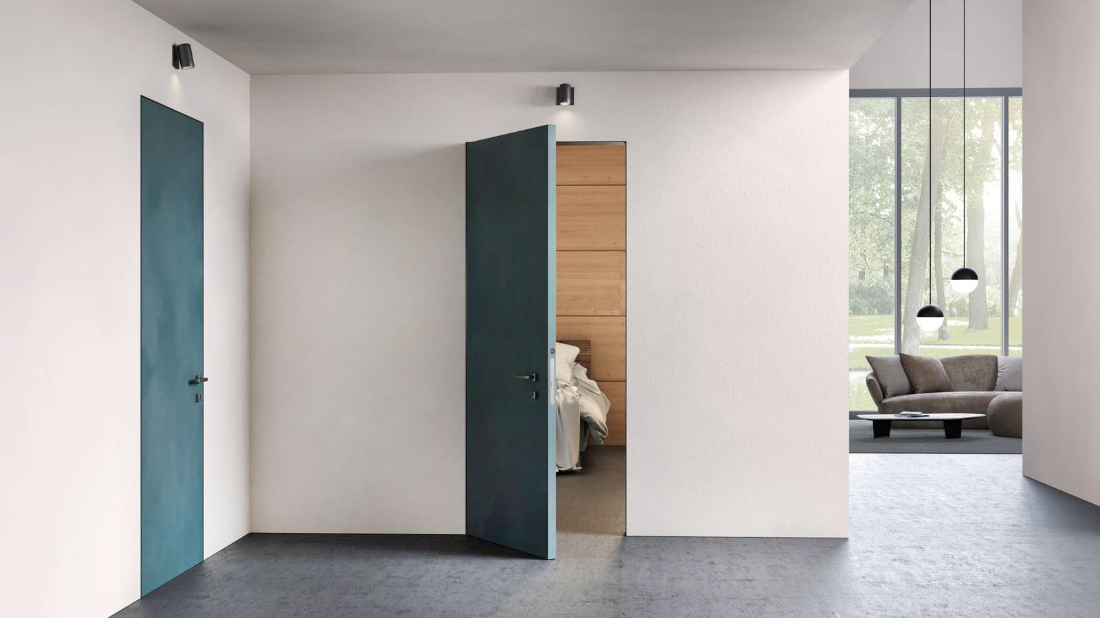 Porte interne con telaio Filum (pannello Forte 6 cieco liscio) con rivestimento RAL che grazie al contrasto con la parete le rende protagoniste. Porte interne con telaio Filum (pannello Forte 6 cieco liscio) con rivestimento RAL che grazie al contrasto con la parete le rende protagoniste.