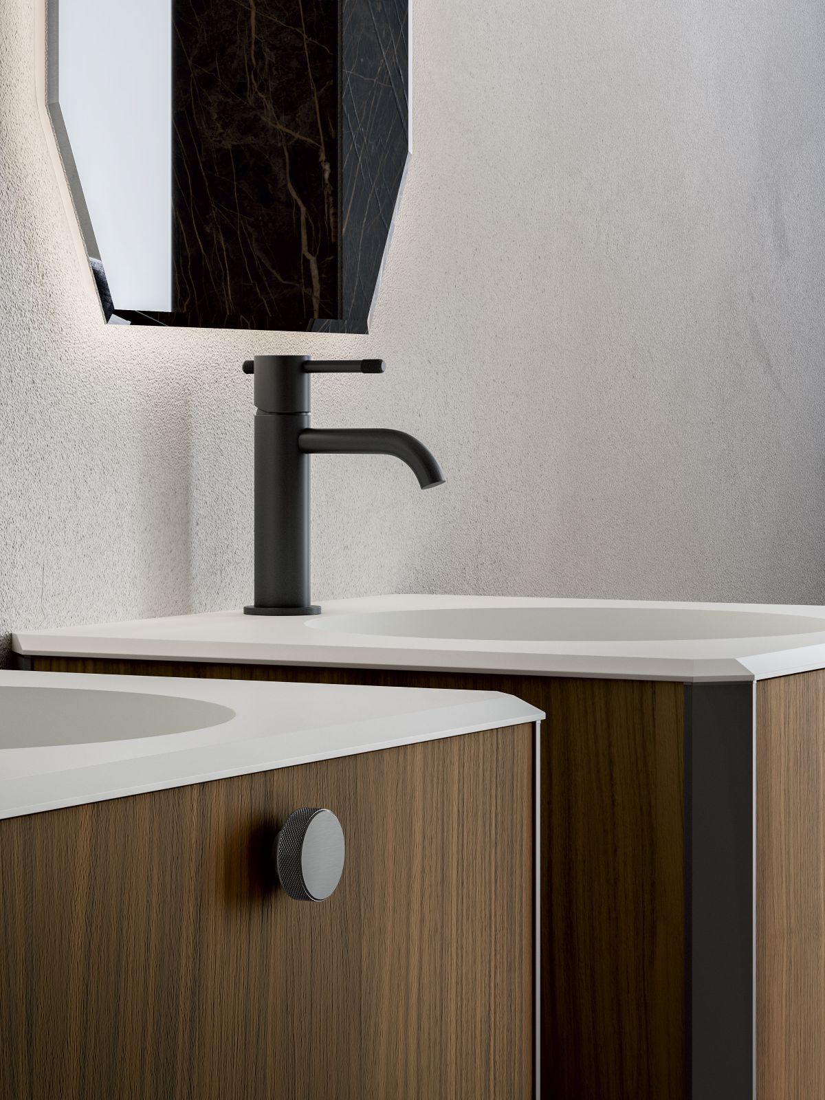 Ha finitura nero satinata il miscelatore per lavabo Fozzie di Cerasa con levetta in finitura terminale godronata. L’altezza è di 16,8 cm. Prezzo, Iva esclusa, 680 euro. www.cerasa.it